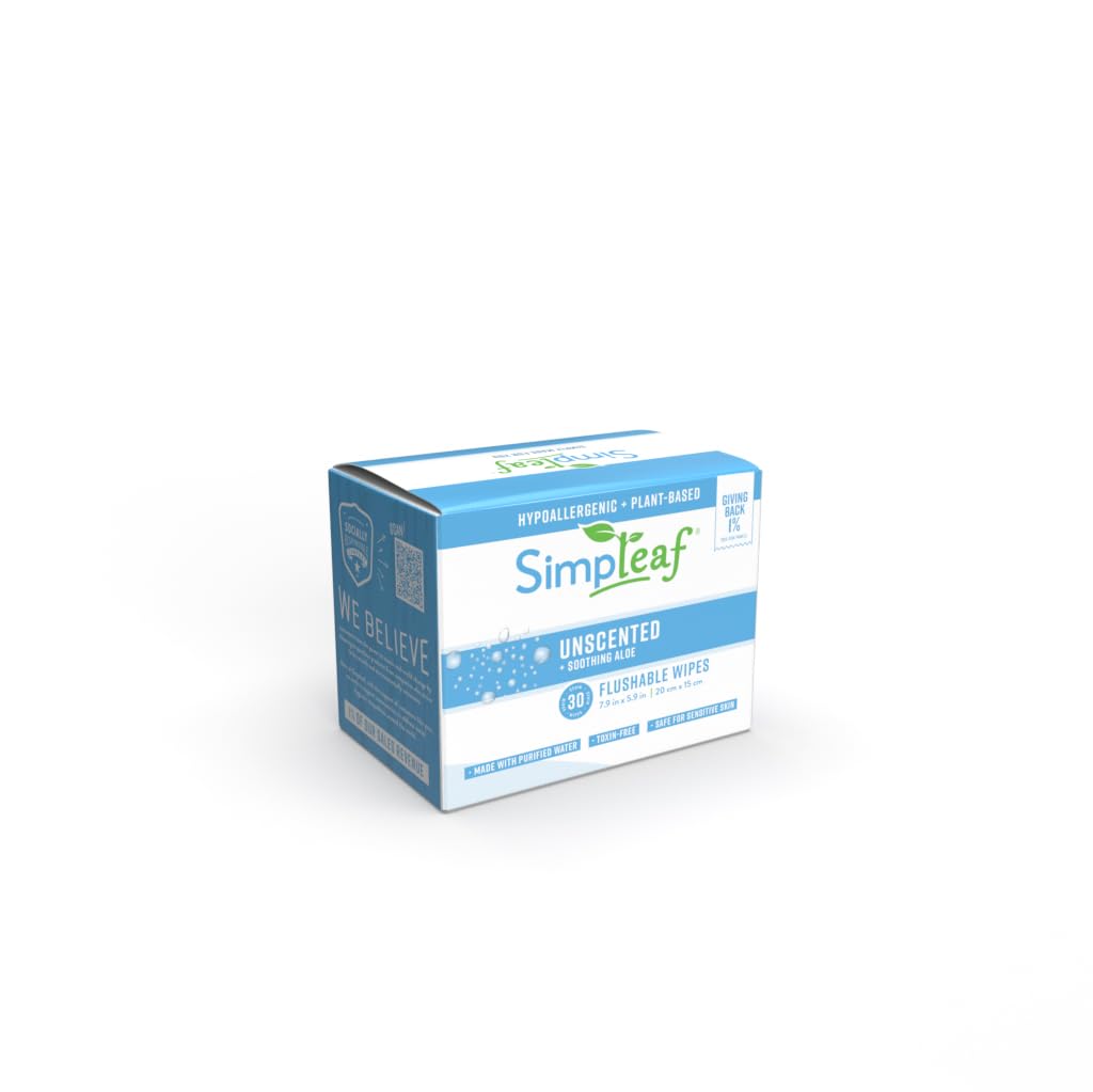 Simpleaf Flushable Unscented Single Pack Wet Wipes | Paraben & Alcohol Free | Hypoallergenic & Safe for Sensitive Skin | Soothing Aloe Vera Formula | (30 x 2 Single Pack Wipes) 60 Counts Total