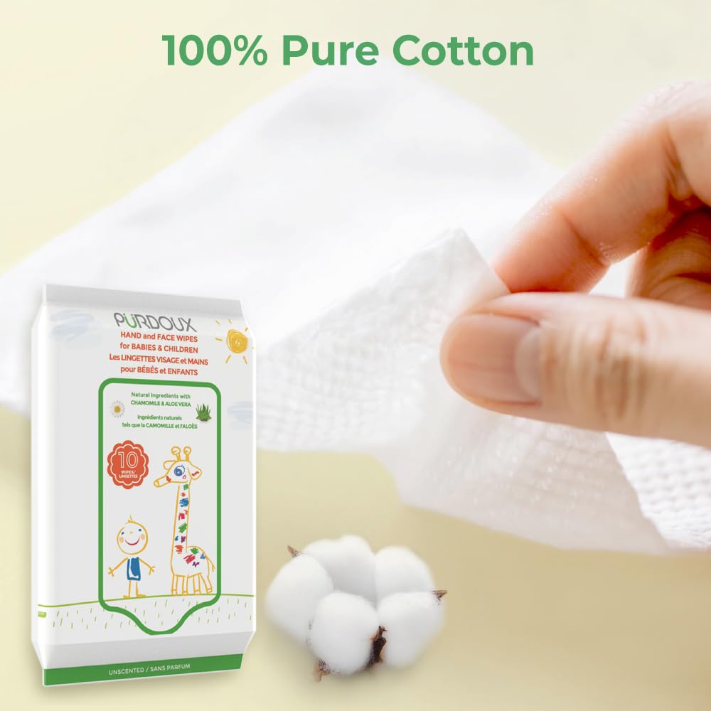 PURDOUX TM Hand and Face Wipes for Babies and Children 120 Wipes (12 Packs of 10)