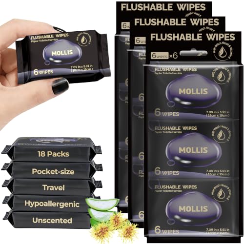 MOLLIS Witch Hazel Flushable Wipes for Adults, Extra Large, 60 Count