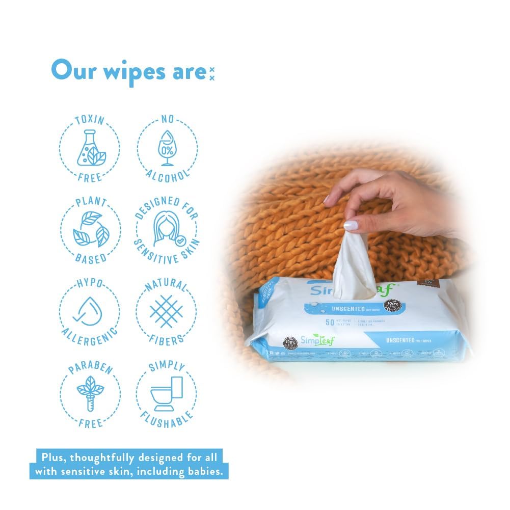 Simpleaf Flushable Wet Wipes Unscented | Plastic Free, Paraben & Alcohol Free | Hypoallergenic & Safe for Sensitive Skin | Soothing Aloe Formula | Adult Toilet Wipes (6 x 50 Count Pack) 300 Count