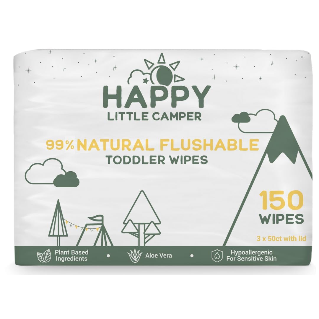 Happy Little Camper Natural Flushable Wipes - Hypoallergenic & Chlorine-Free Wet Wipes with Aloe Vera, Chamomile and Pomegranate Extract - Unscented Baby Wipes Safe for Sensitive Skin - 50 Count