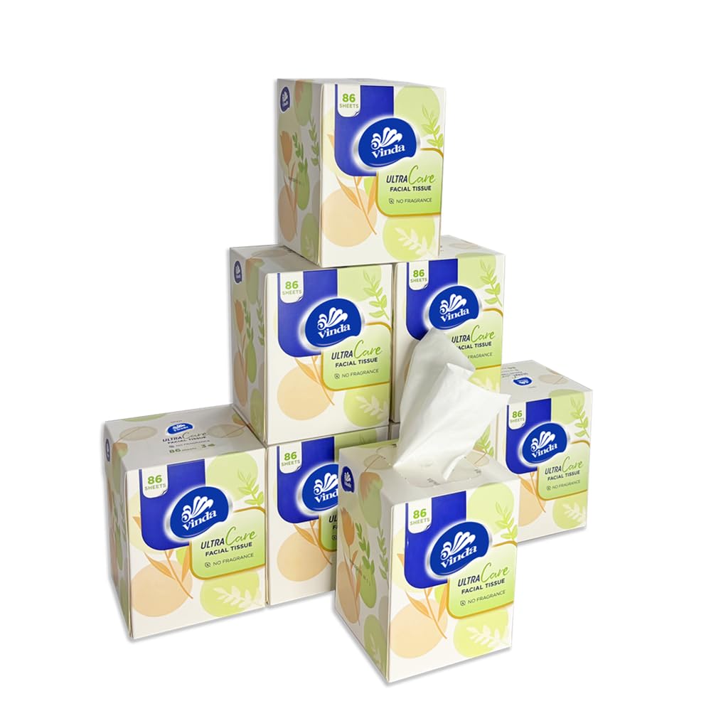 Vinda 3-Ply Ultra Care Facial Tissues, 86 Count Each Box, 8 Cube Boxes