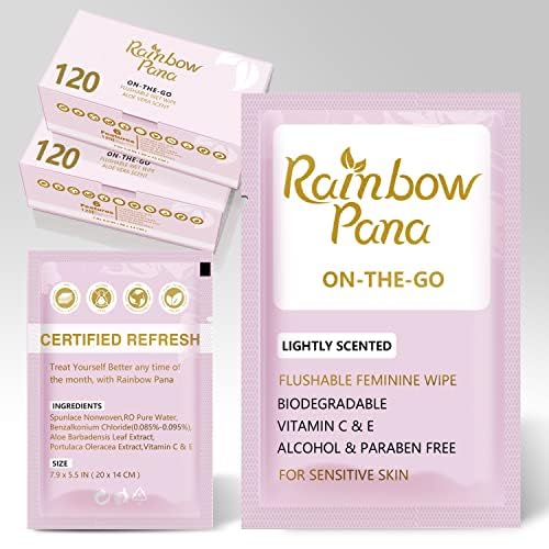 RainbowPana Flushable Wipes - 120 Count, ON-THE-GO Individually Wrapped - Travel Butt Wipes for Men and Women, Family - Infused with Vitamin E and Natural Aloe, pH Balanced, Paraben/Fragrance/Alcohol Free, 100% Plant Sourced Fibers - Cleanse and Moisturiz