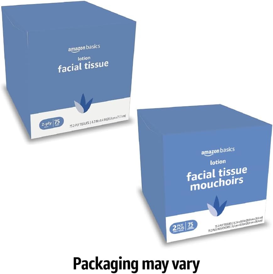Amazon Basics Facial Tissues with Lotion, 2-Ply, 300 Count (4 Boxes, 75 Tissues per Box), Packaging May Vary