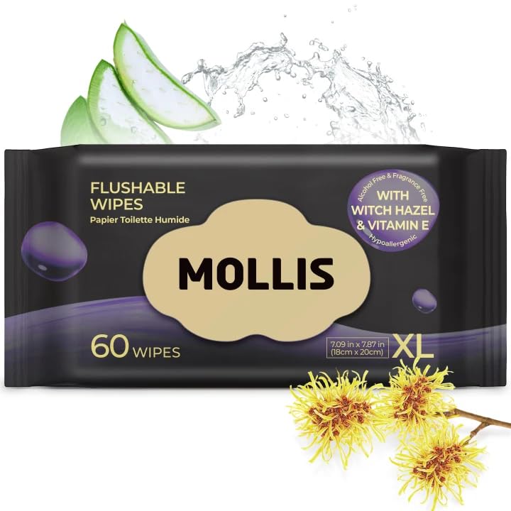 MOLLIS Witch Hazel Flushable Wipes for Adults, Extra Large, 60 Count