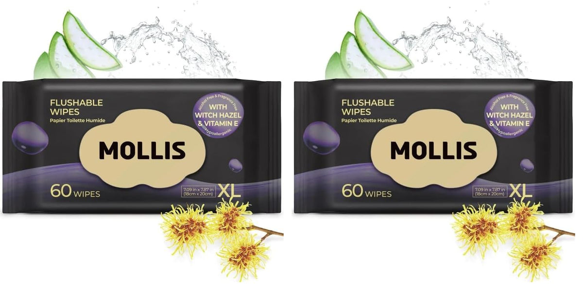 MOLLIS Witch Hazel Flushable Wipes for Adults, Extra Large, 60 Count