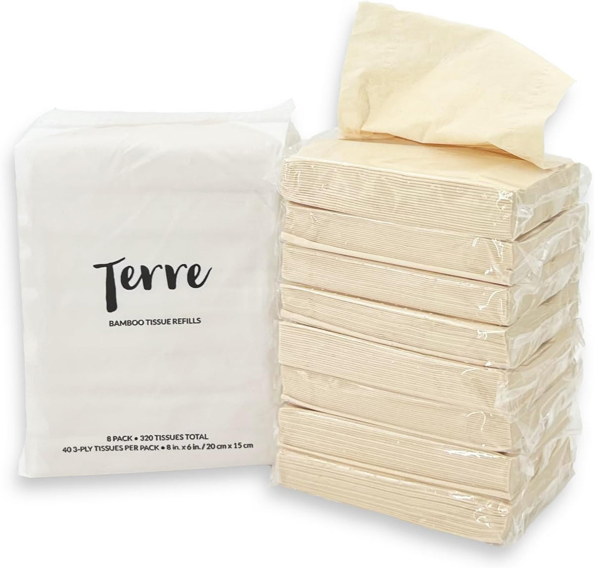 Terre Bamboo Car Tissue Refills | 8 Pack (320 Sheets) | 3-Ply Unbleached Facial Tissues | PFAS-Free & FSC-Certified | Sustainable Refill for Car Visor Holders & Cylinder Tubes