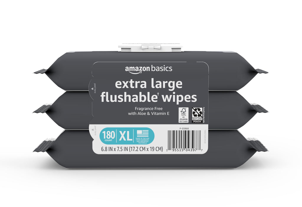 Amazon Basics Extra Large Flushable Wipes, 360 Wipes (6 Packs of 60), Adult Wet Wipes and Resealable Closure, Packaging May Vary