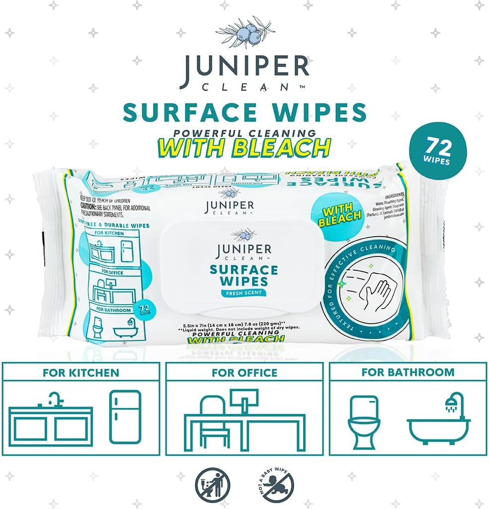 Juniper CLEAN 24 Pack Surface Cleaning Wipes with Bleach, All-Purpose Cleaner for Bathroom, Kitchen, Office, 1728 Count Soft Flow, Fresh Scent, Lint Free & Durable