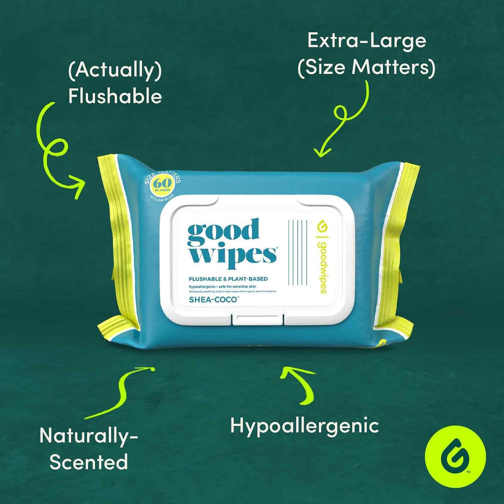 goodwipes Flushable Butt Wipes Made with Vitamin E & Aloe - Soft & Gentle Wet Wipe Dispenser for Home Use, Septic & Sewer Safe - Largest Adult Toilet Towelettes - Shea-Coco, 180 Count (3 Packs)