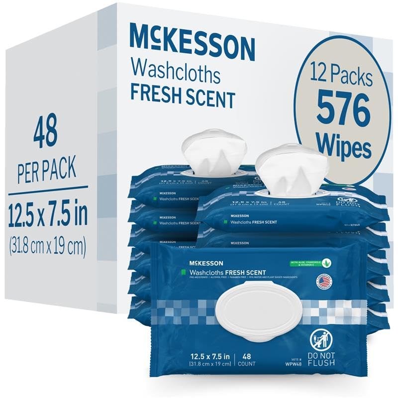 McKesson Disposable Wipe 12 Pack, 600 Washcloths - Large Adult Body and Incontinence Washcloths with Aloe and Vitamin E, Alcohol-Free, 50 Wipes Per Pack