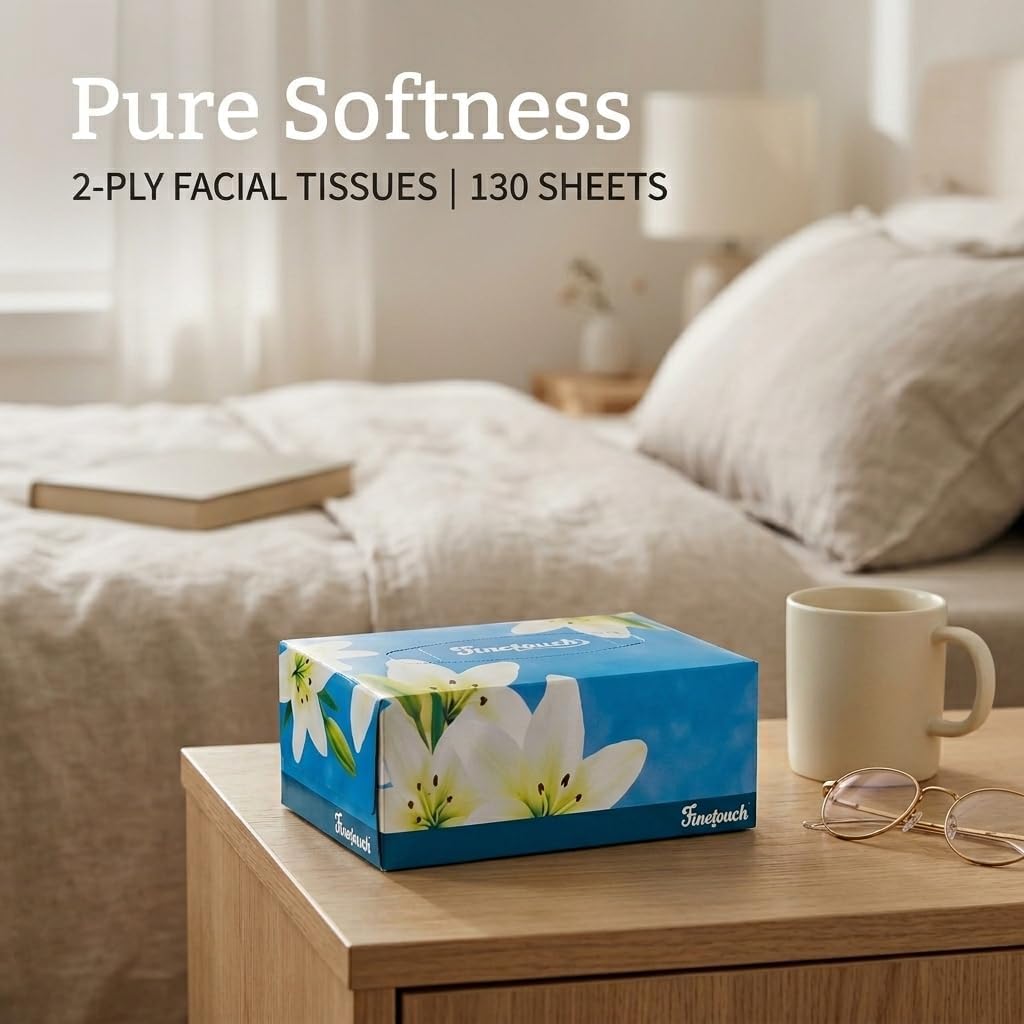 Finetouch Facial Tissues Boxes Bulk, Soft 2-Ply, 130 Sheets, 6 Pack