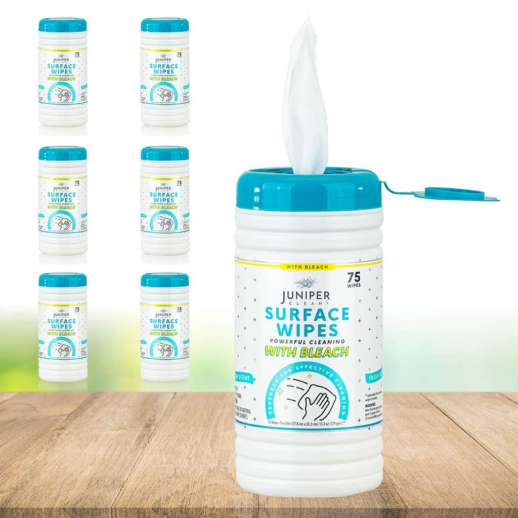 Juniper CLEAN 24 Pack Surface Cleaning Wipes with Bleach, All-Purpose Cleaner for Bathroom, Kitchen, Office, 1728 Count Soft Flow, Fresh Scent, Lint Free & Durable