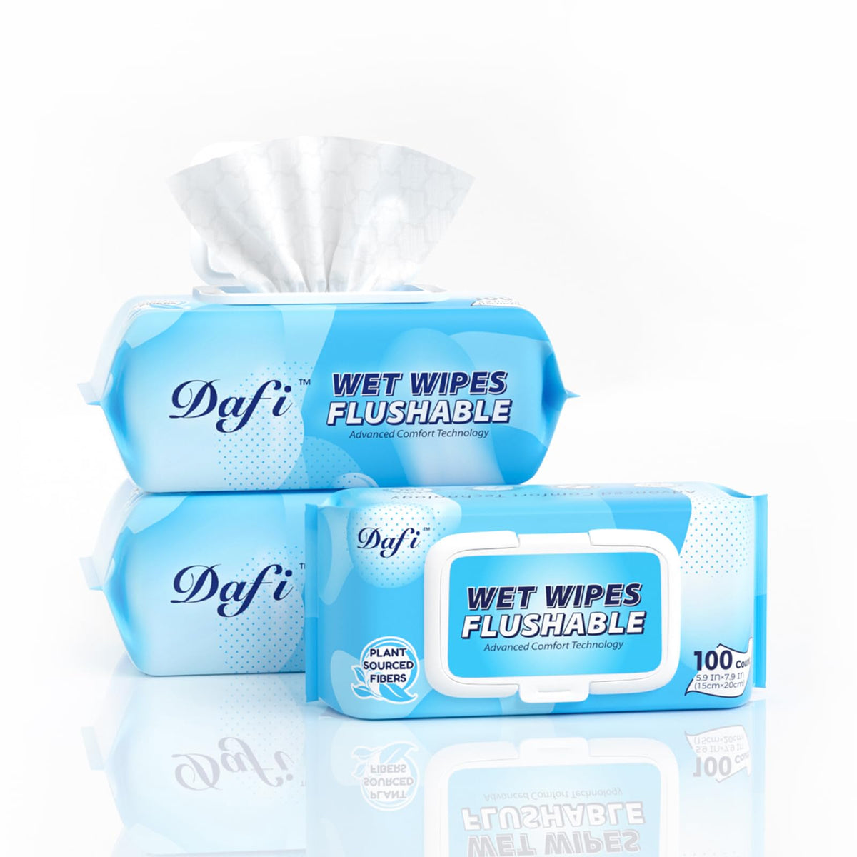 DAFI Flushable Wipes for Adult Wet Wipes, Total 600 Unscented Toilet Wipes Flushable, No Alcohol & 100% Plant Based Fibers, Septic and Sewer Safe Pack of 6