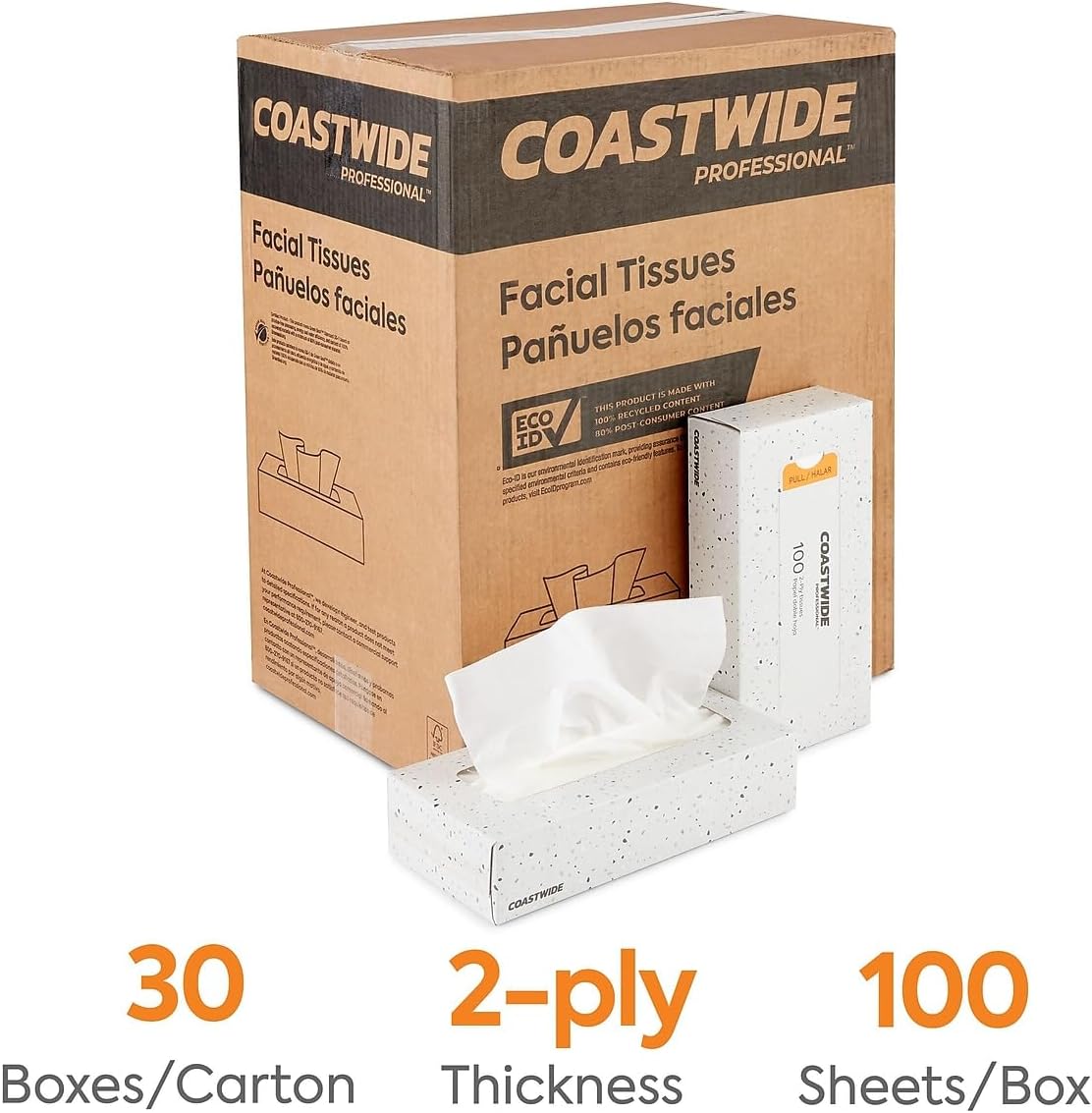 Coastwide Professional Recycled Facial Tissue, 2-Ply, 30 Boxes/Ctn