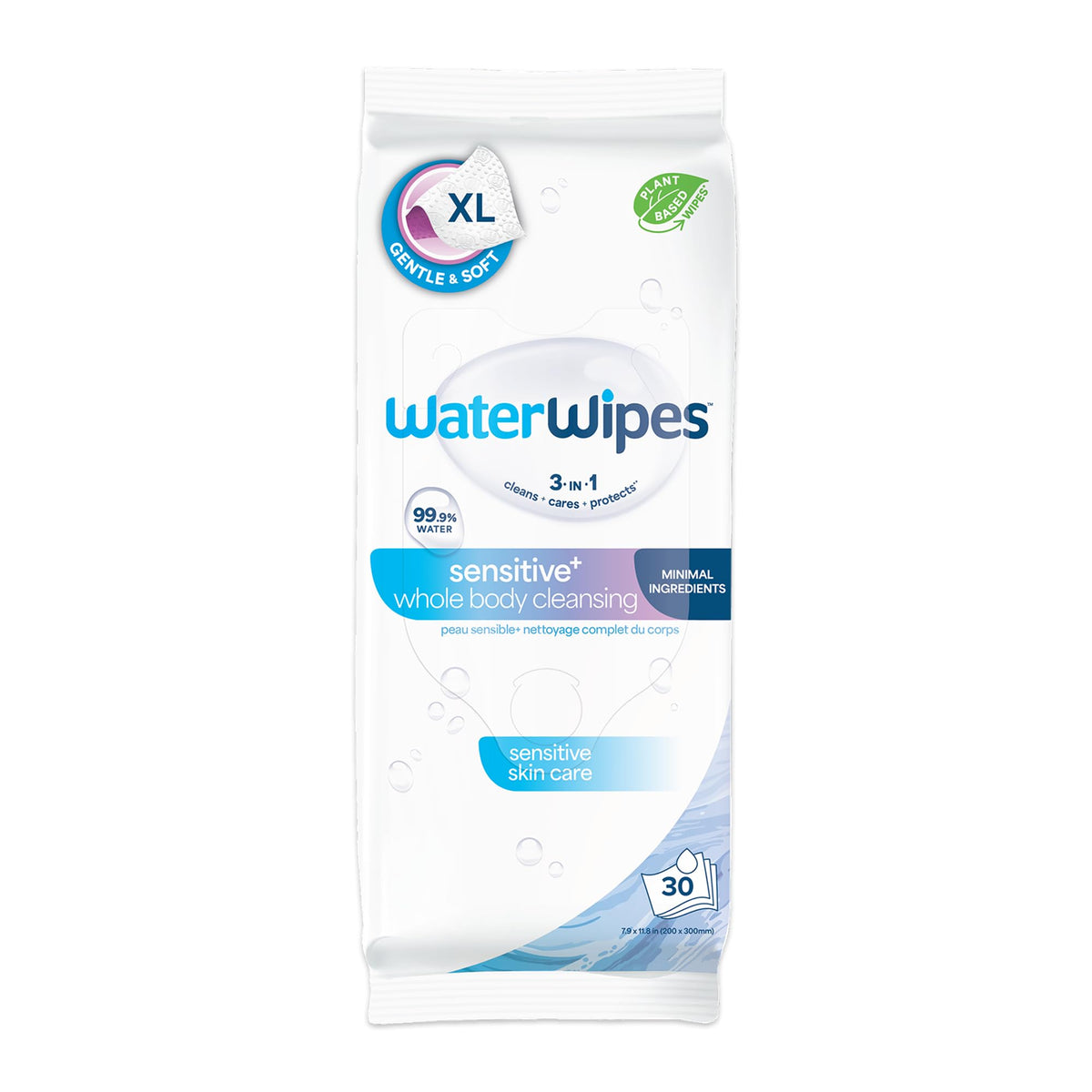 WaterWipes Sensitive Whole Body Cleansing Wipes, 99.9% Purified Water, XL Textured Wipes, Incontinence Care, Fragrance Free, 90 Count