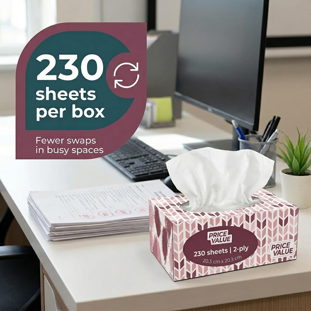 Price Value Facial Tissues Boxes Bulk, Soft 2-Ply, 230 Sheets, 8 Pack
