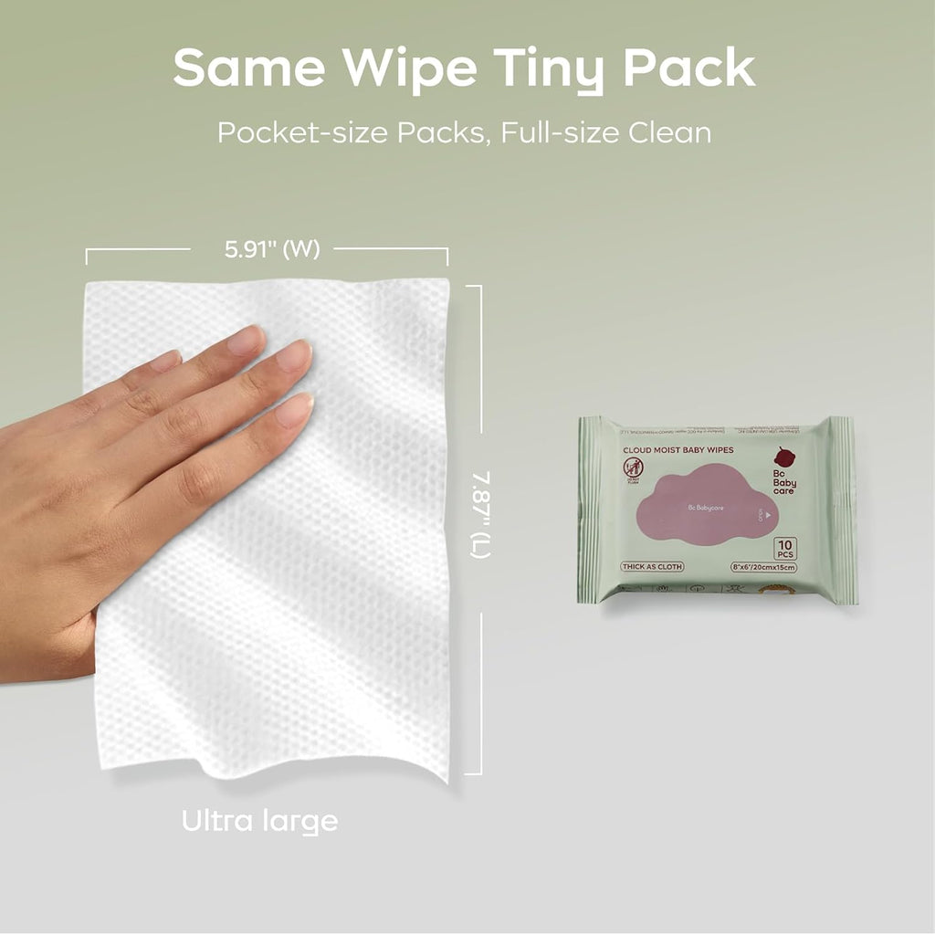 Bc Babycare Cloud Moist Baby Travel Wipes, 6 Pack, On The Go Pocket Size, Ultra Thick, 99% Water, Unscented, Hypoallergenic for Sensitive Skin, Biodegradable