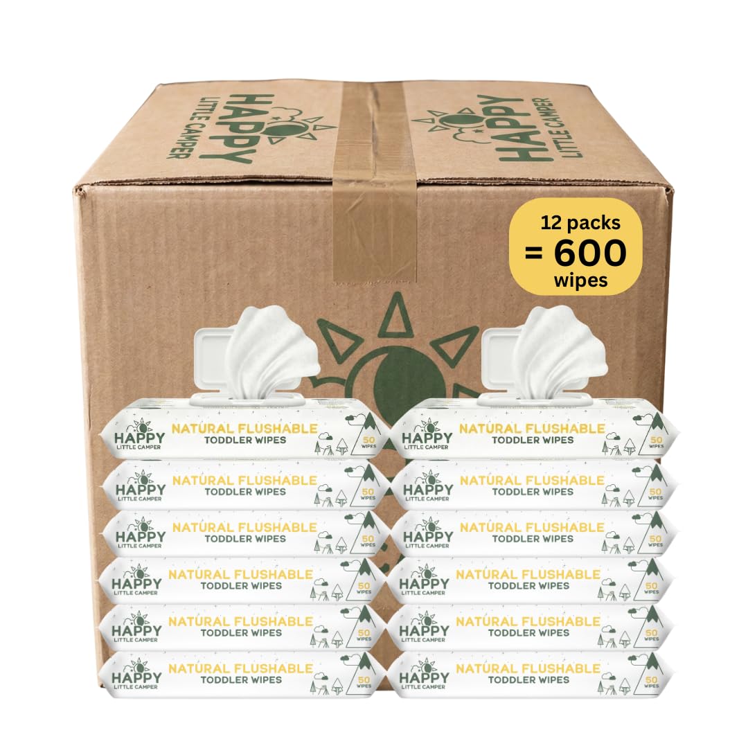 Happy Little Camper Natural Flushable Wipes - Hypoallergenic & Chlorine-Free Wet Wipes with Aloe Vera, Chamomile and Pomegranate Extract - Unscented Baby Wipes Safe for Sensitive Skin - 50 Count