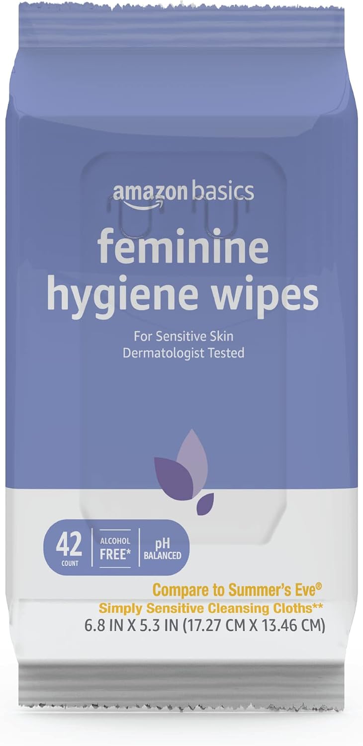 Amazon Basics Flushable Feminine Hygiene Wipes, pH Balanced, Gynecologist Tested, Septic and Sewer Safe, Fresh Scent, Alcohol Free, 168 Count (4 Packs of 42)