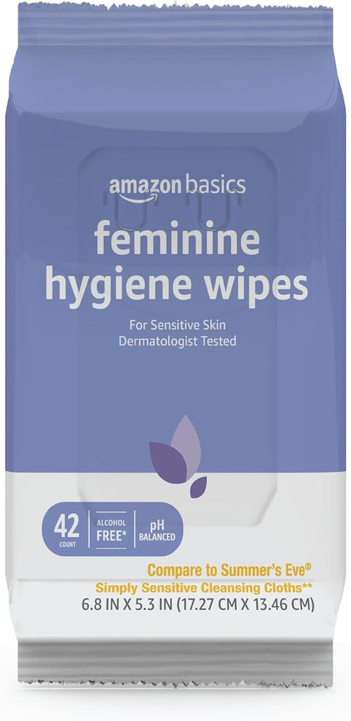 Amazon Basics Flushable Feminine Hygiene Wipes, pH Balanced, Gynecologist Tested, Septic and Sewer Safe, Fresh Scent, Alcohol Free, 168 Count (4 Packs of 42)