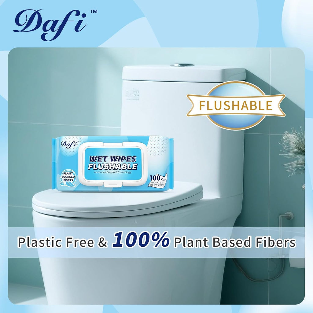 DAFI Flushable Wipes for Adult Wet Wipes, Total 600 Unscented Toilet Wipes Flushable, No Alcohol & 100% Plant Based Fibers, Septic and Sewer Safe Pack of 6