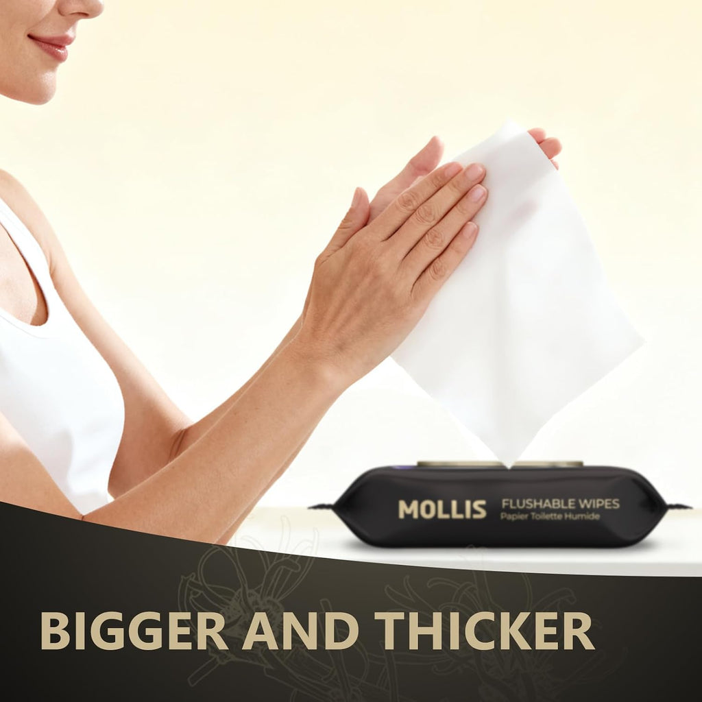 MOLLIS Witch Hazel Flushable Wipes for Adults, Extra Large, 60 Count