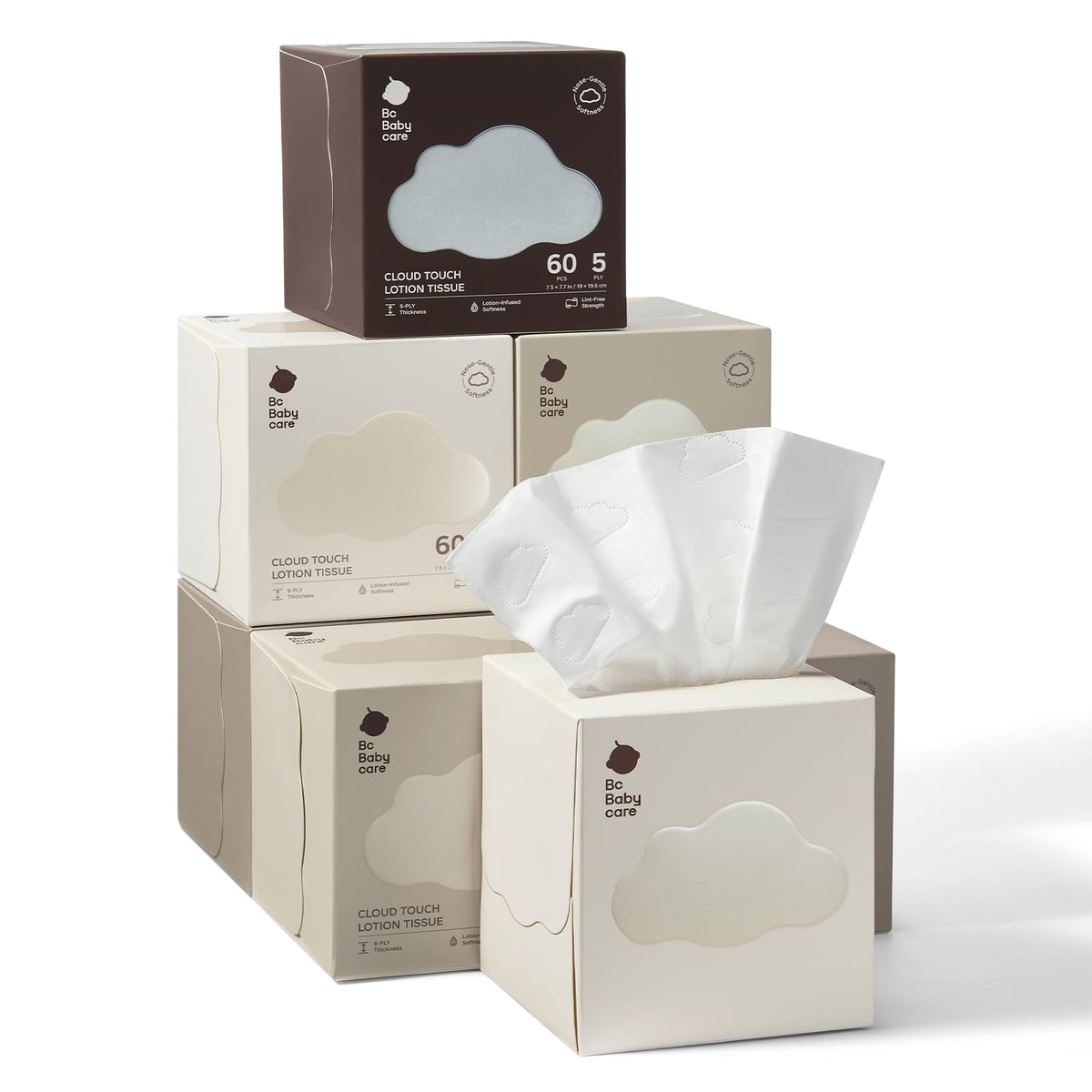 Bc Babycare Cloud Touch Lotion Facial Tissues for Sensitive Skin & Noses, Ultra Soft 5-Ply, Hypoallergenic & Fragrance Free, Plant-based Materials(4 Boxes, 60 Tissues per Box)