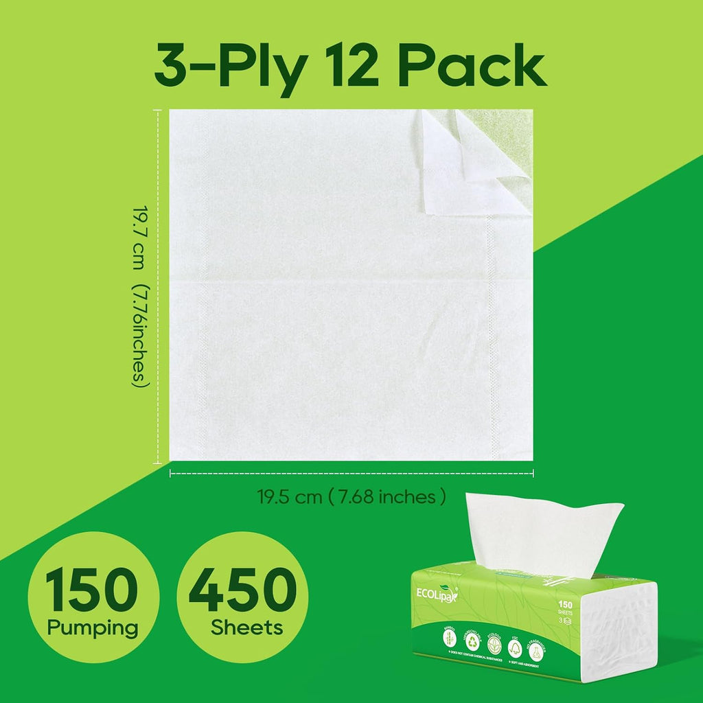 ECOLipak Bamboo Facial Tissues, 12 Packs, 1800 Sheets Total, 3-Ply