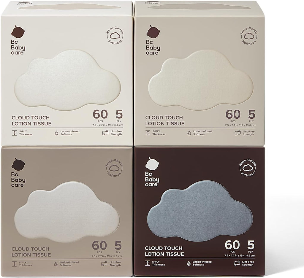 Bc Babycare Cloud Touch Lotion Facial Tissues for Sensitive Skin & Noses, Ultra Soft 5-Ply, Hypoallergenic & Fragrance Free, Plant-based Materials(4 Boxes, 60 Tissues per Box)