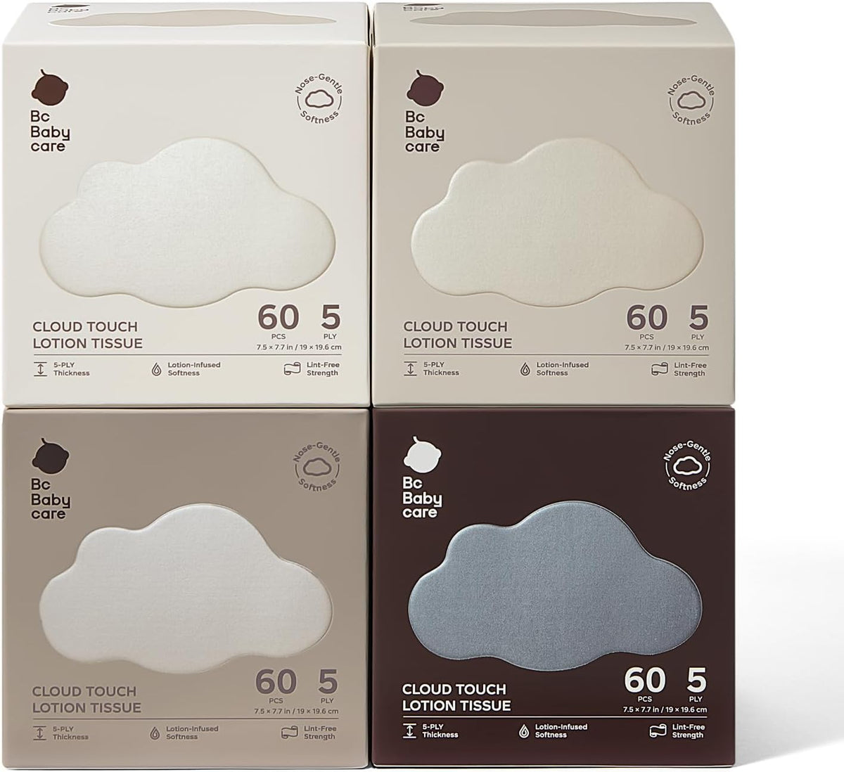 Bc Babycare Cloud Touch Lotion Facial Tissues for Sensitive Skin & Noses, Ultra Soft 5-Ply, Hypoallergenic & Fragrance Free, Plant-based Materials(4 Boxes, 60 Tissues per Box)