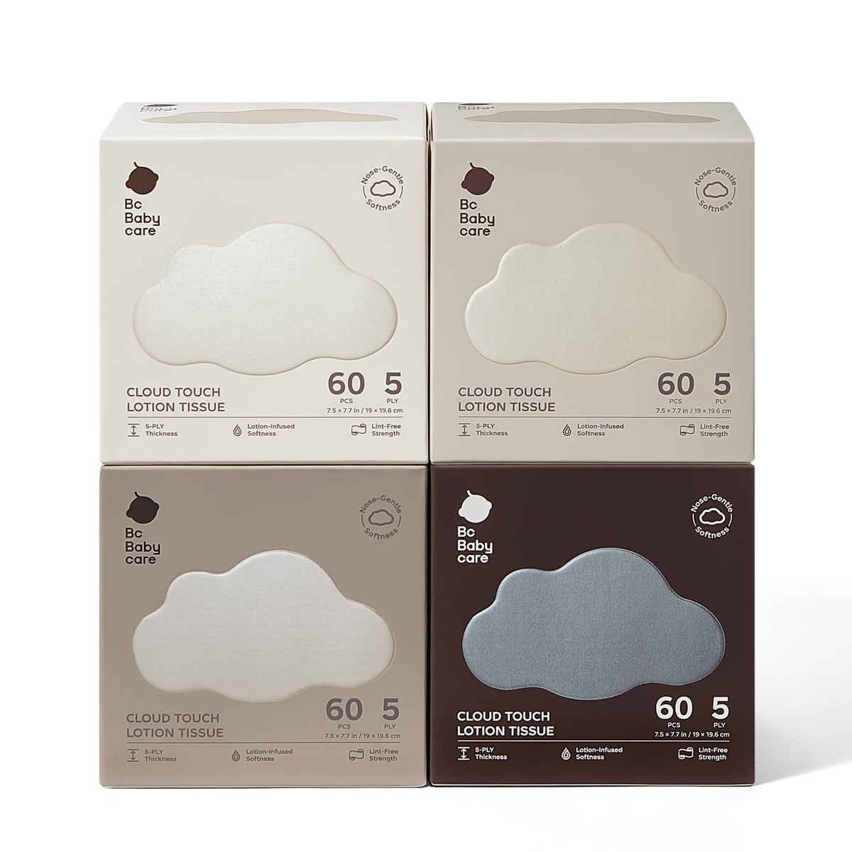 Bc Babycare Cloud Touch Lotion Facial Tissues for Sensitive Skin & Noses, Ultra Soft 5-Ply, Hypoallergenic & Fragrance Free, Plant-based Materials(4 Boxes, 60 Tissues per Box)