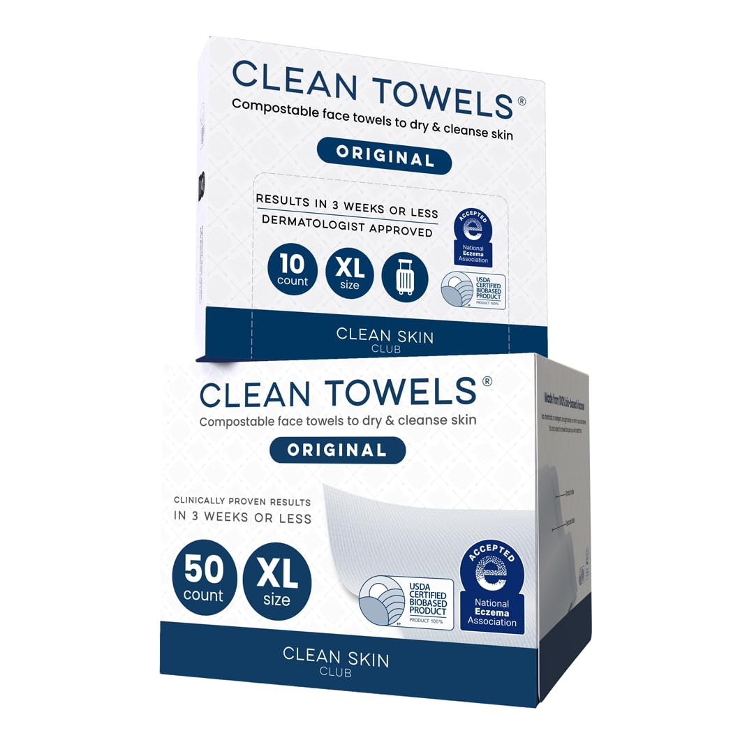 Clean Skin Club Clean Towels XL®, 100% USDA Biobased Face Towel, Disposable Face Towelette, Eczema Association Accepted, Makeup Remover Dry Wipes, Ultra Soft, 1 Pack, 50 Ct