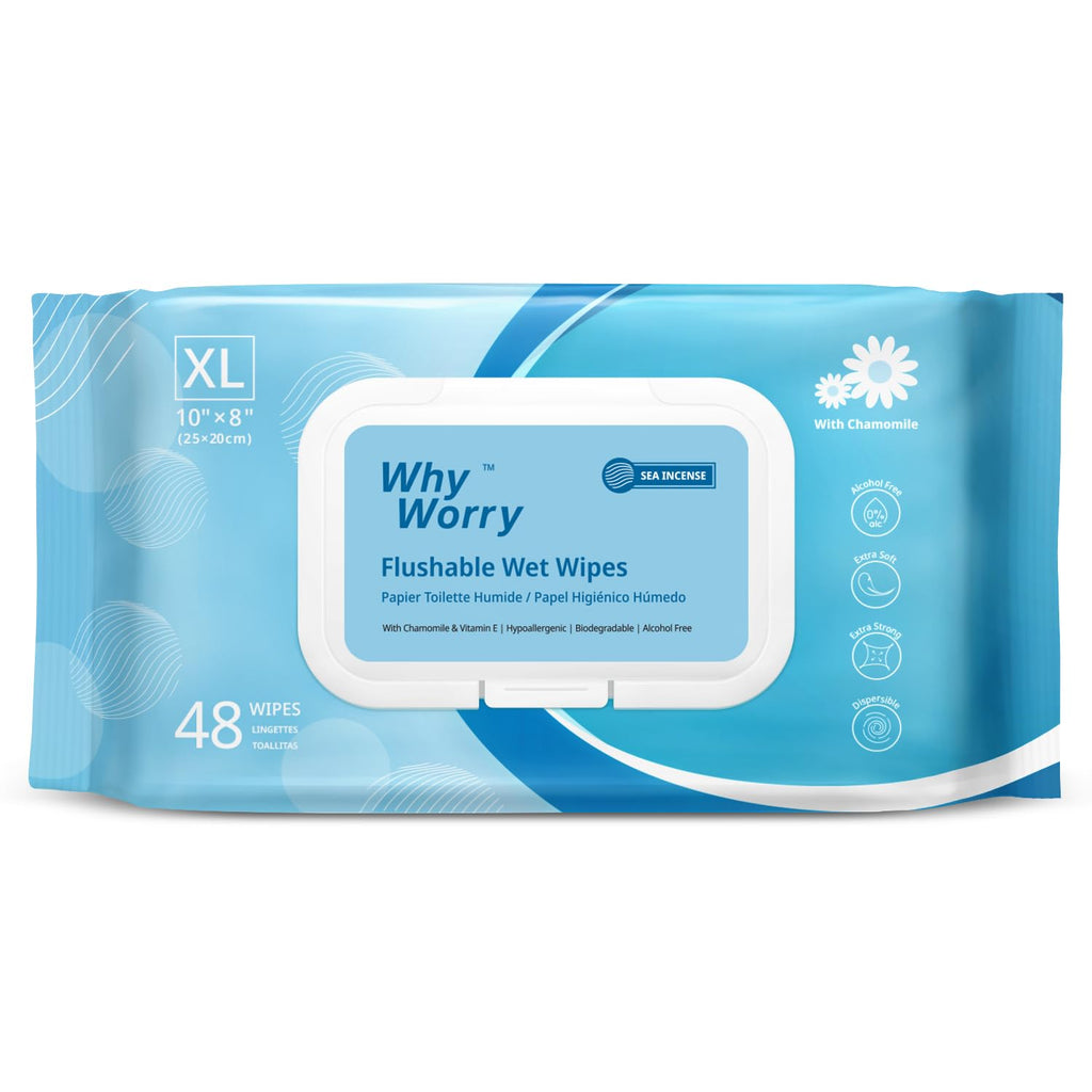 WhyWorry Flushable Wipes for Adults, Sea Incense, 8" x 10", 144 Count