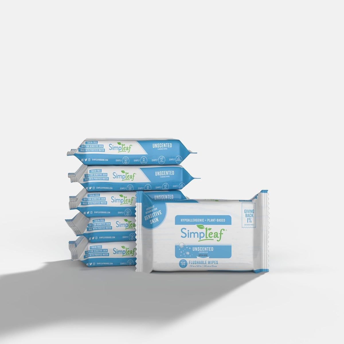 Simpleaf Flushable Wet Wipes Unscented | Plastic Free, Paraben & Alcohol Free | Hypoallergenic & Safe for Sensitive Skin | Soothing Aloe Formula | Adult Toilet Wipes (6 x 50 Count Pack) 300 Count