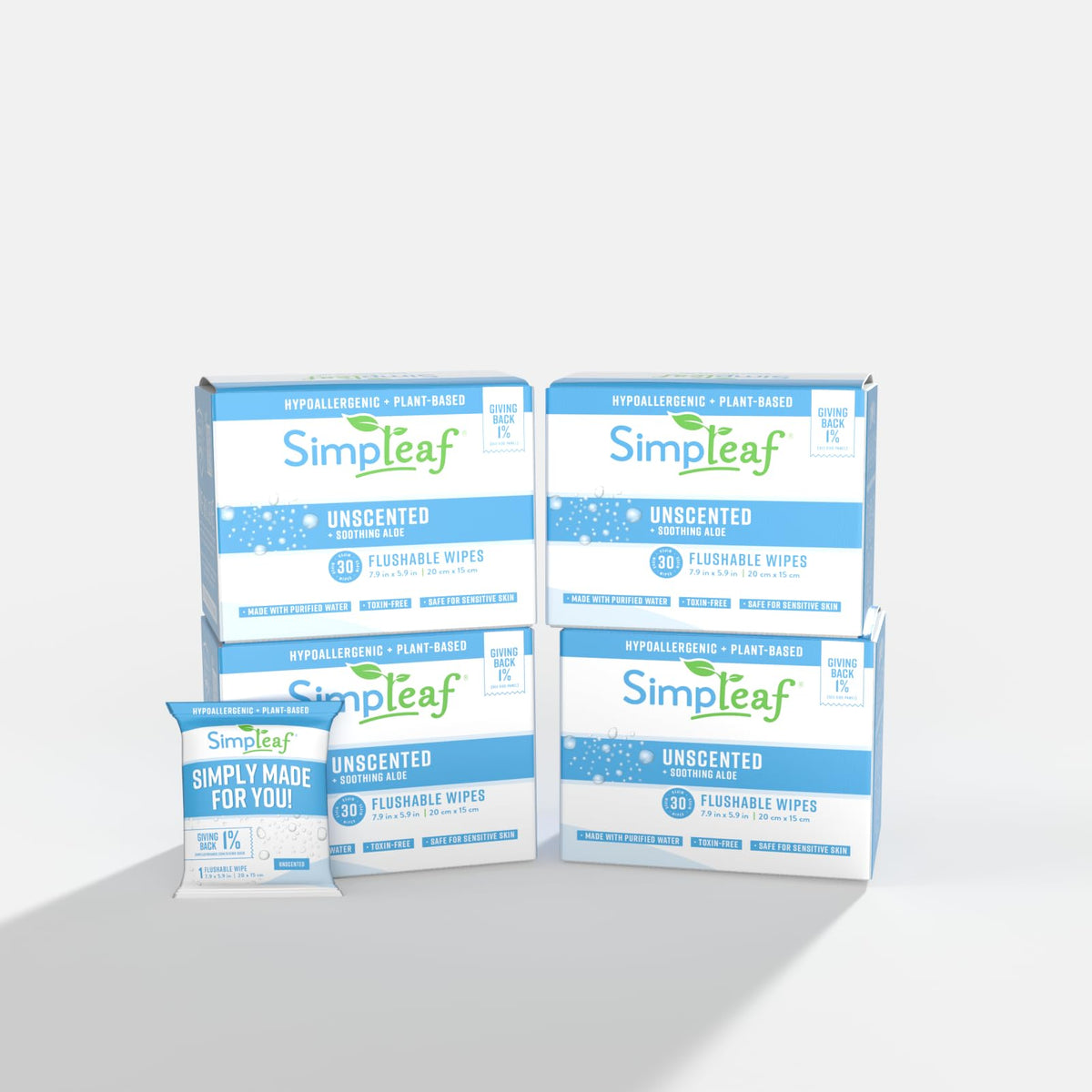 Simpleaf Flushable Unscented Single Pack Wet Wipes | Paraben & Alcohol Free | Hypoallergenic & Safe for Sensitive Skin | Soothing Aloe Vera Formula | (30 x 2 Single Pack Wipes) 60 Counts Total