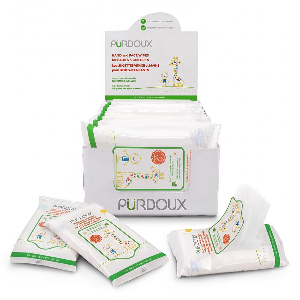 PURDOUX TM Hand and Face Wipes for Babies and Children 120 Wipes (12 Packs of 10)