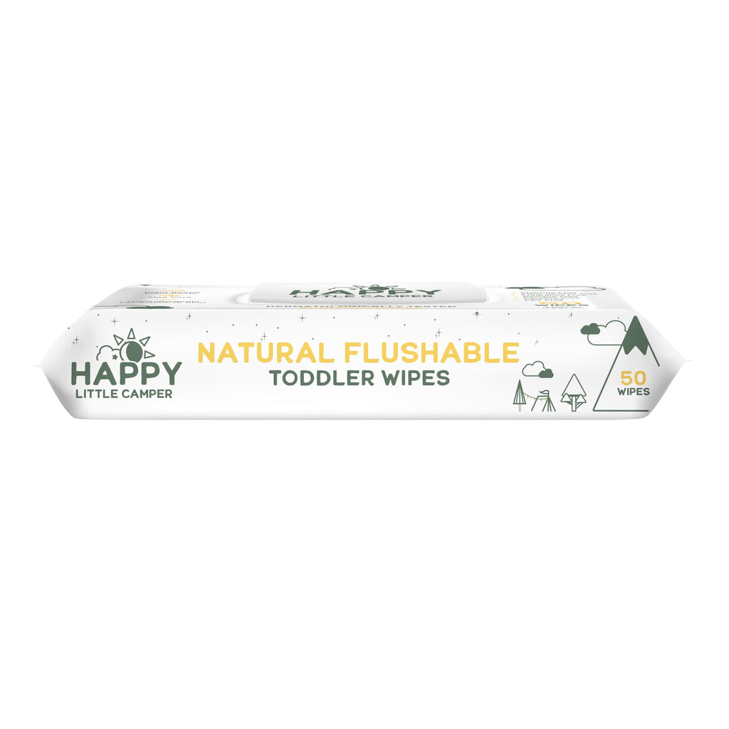 Happy Little Camper Natural Flushable Wipes - Hypoallergenic & Chlorine-Free Wet Wipes with Aloe Vera, Chamomile and Pomegranate Extract - Unscented Baby Wipes Safe for Sensitive Skin - 50 Count