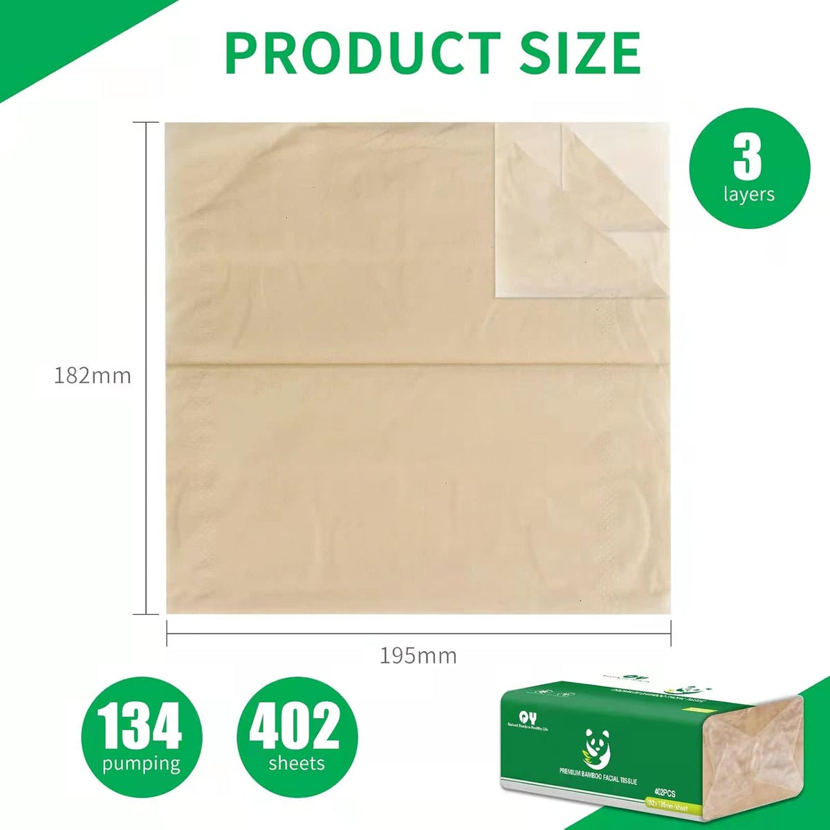 Soft Durable Bamboo Facial Tissues - 3 Ply Natural Unbleached Facial Paper Dry or Wet Use 12 Packs（134 Tissue per Pack, 1608 Tissues Total）