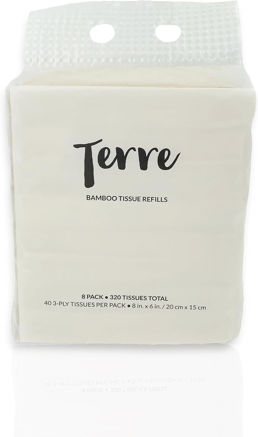 Terre Bamboo Car Tissue Refills | 8 Pack (320 Sheets) | 3-Ply Unbleached Facial Tissues | PFAS-Free & FSC-Certified | Sustainable Refill for Car Visor Holders & Cylinder Tubes