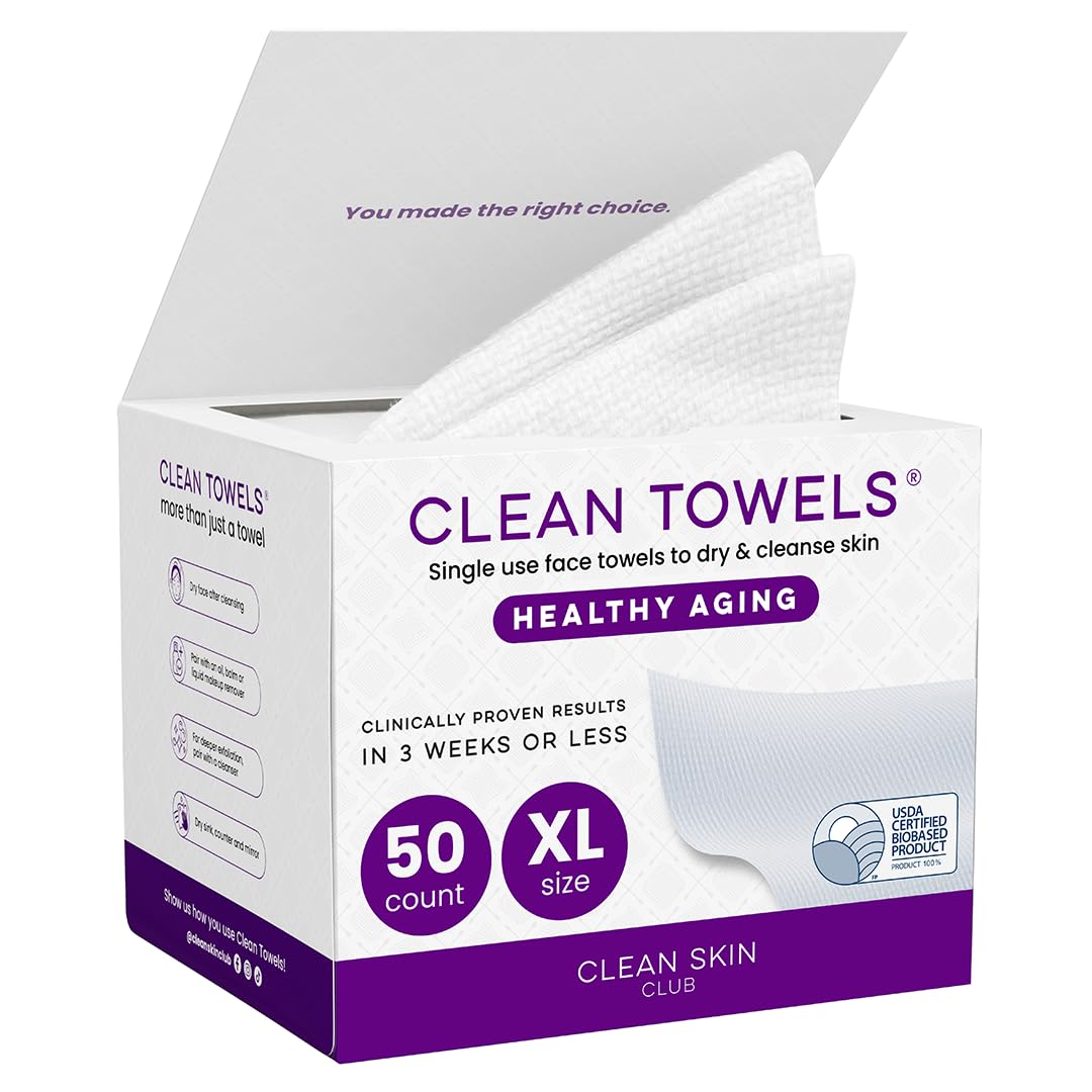 Clean Skin Club Clean Towels XL®, 100% USDA Biobased Face Towel, Disposable Face Towelette, Eczema Association Accepted, Makeup Remover Dry Wipes, Ultra Soft, 1 Pack, 50 Ct