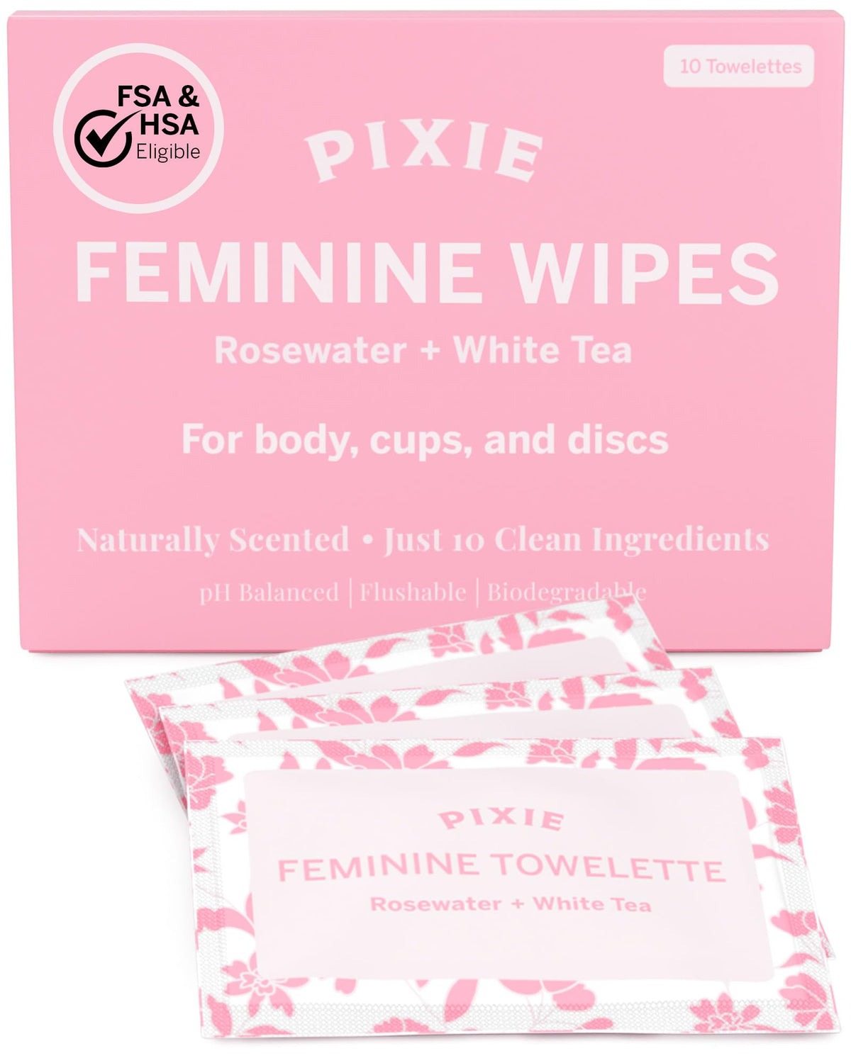 Pixie Feminine Wipes – Naturally Scented Rosewater + White Tea – Flushable, Biodegradable & pH Balanced – Individually Wrapped Wipes for On The Go – Cleaner for Menstrual Cups & Discs (20 Count)