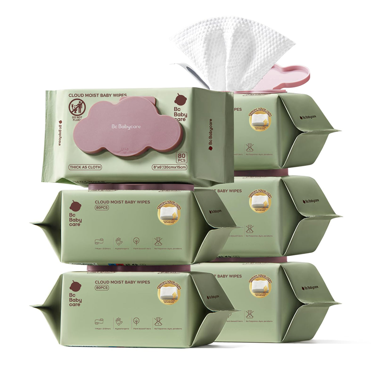 Bc Babycare Cloud Moist Baby Travel Wipes, 6 Pack, On The Go Pocket Size, Ultra Thick, 99% Water, Unscented, Hypoallergenic for Sensitive Skin, Biodegradable