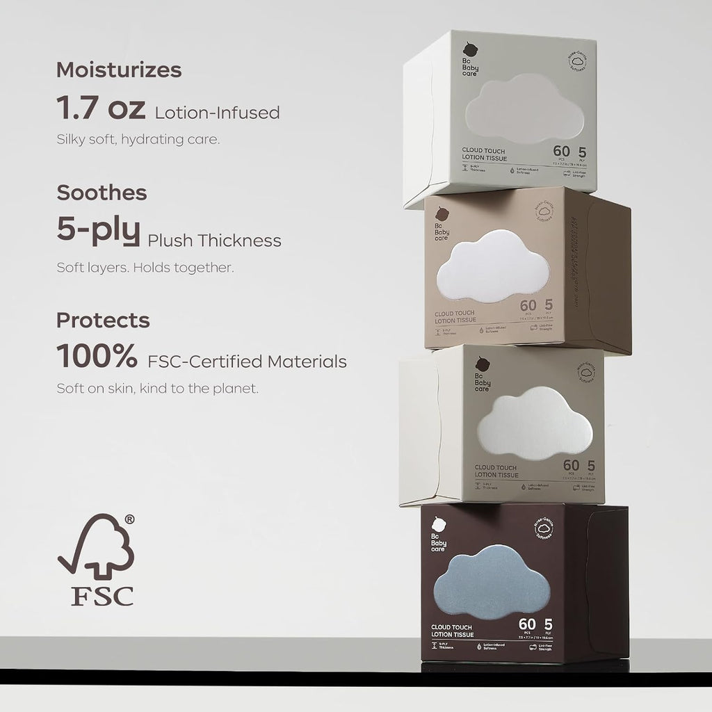 Bc Babycare Cloud Touch Lotion Facial Tissues for Sensitive Skin & Noses, Ultra Soft 5-Ply, Hypoallergenic & Fragrance Free, Plant-based Materials(4 Boxes, 60 Tissues per Box)
