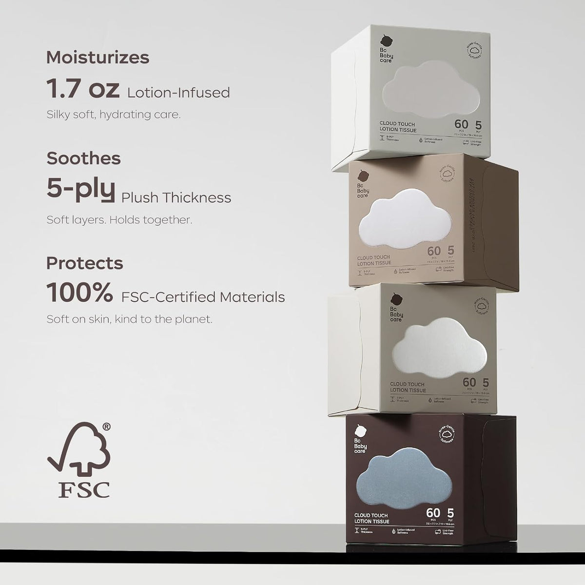 Bc Babycare Cloud Touch Lotion Facial Tissues for Sensitive Skin & Noses, Ultra Soft 5-Ply, Hypoallergenic & Fragrance Free, Plant-based Materials(4 Boxes, 60 Tissues per Box)