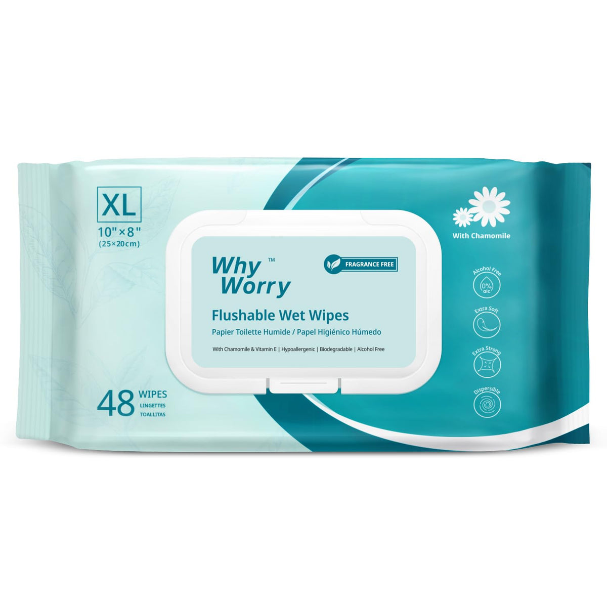 WhyWorry Flushable Wipes for Adults, Sea Incense, 8" x 10", 144 Count
