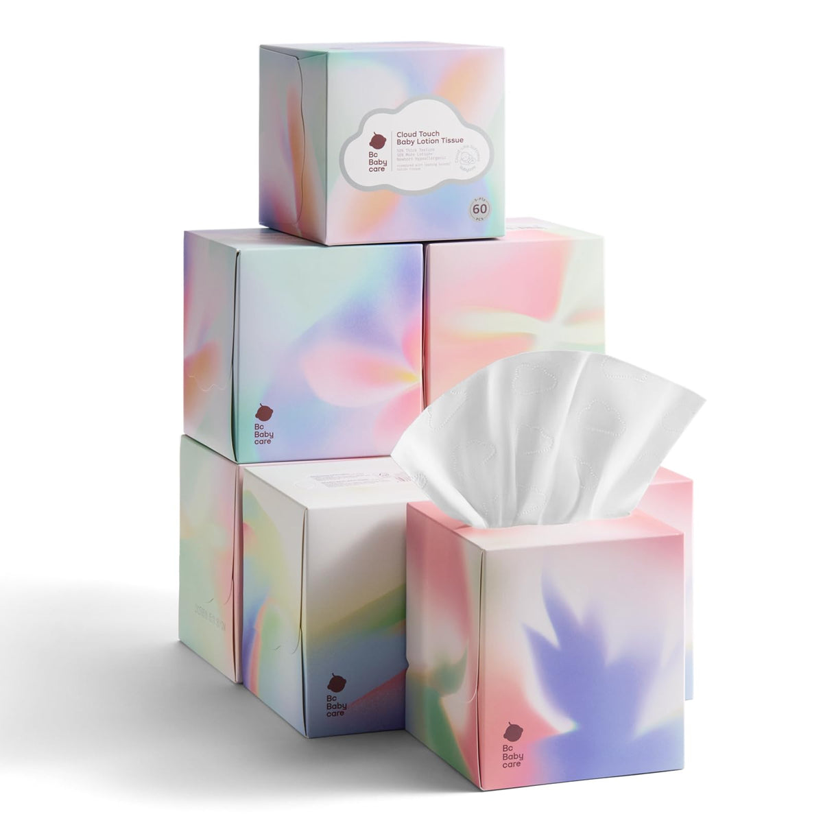 Bc Babycare Cloud Touch Lotion Ultra Soft Facial Tissues, Hypoallergenic, Plant-based Materials, Clean Gentle Baby Essentials, 60 Tissues Per Box, 5-Ply (60 Count (Pack of 4))