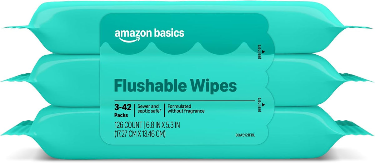 Amazon Basics Flushable Wipes, Fragrance Free, Adult Wet Wipes,126 Count (3 Packs of 42), Packaging May Vary