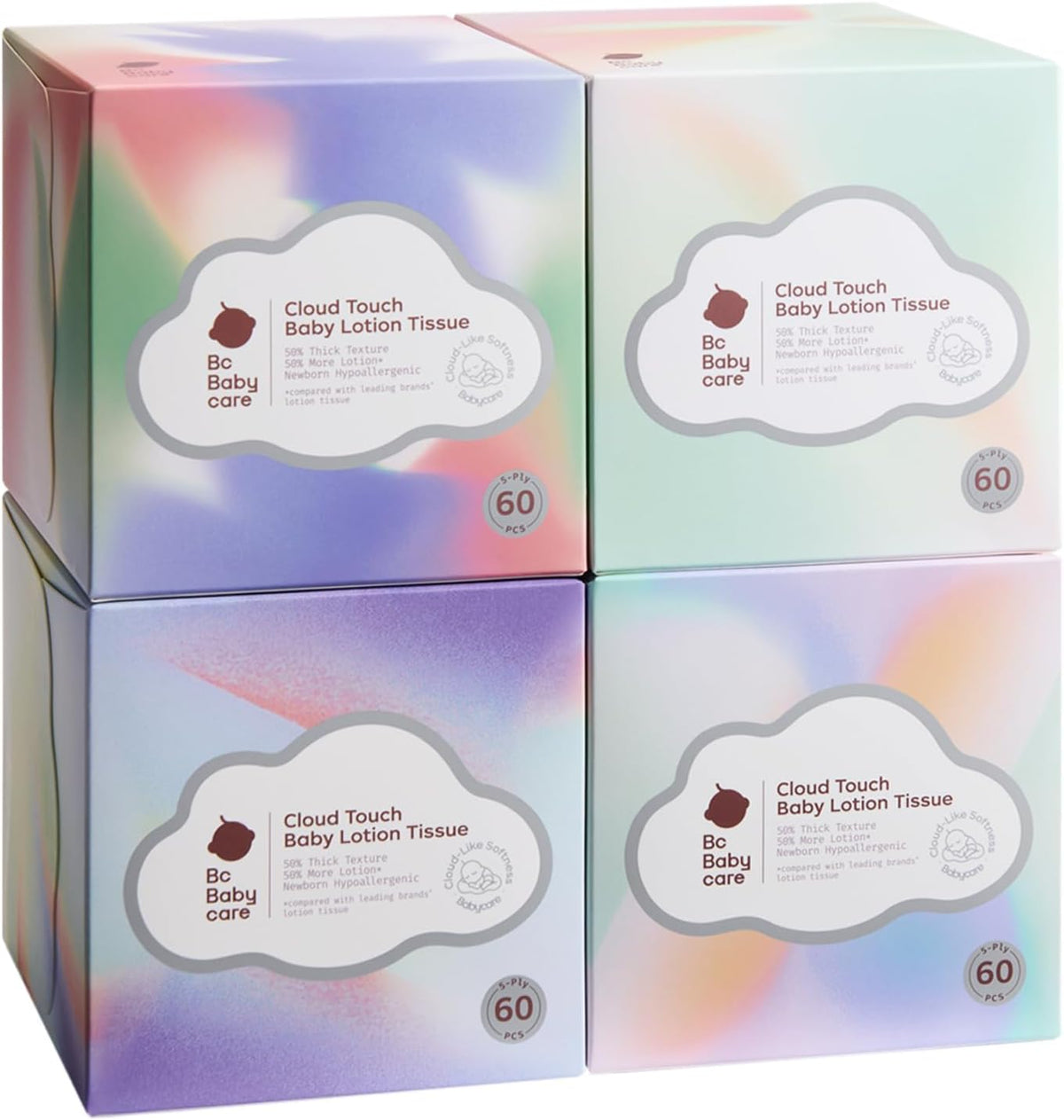 Bc Babycare Cloud Touch Lotion Ultra Soft Facial Tissues, Hypoallergenic, Plant-based Materials, Clean Gentle Baby Essentials, 60 Tissues Per Box, 5-Ply (60 Count (Pack of 4))