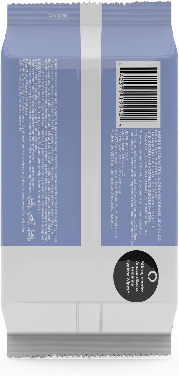 Amazon Basics Flushable Feminine Hygiene Wipes, pH Balanced, Gynecologist Tested, Septic and Sewer Safe, Fresh Scent, Alcohol Free, 168 Count (4 Packs of 42)